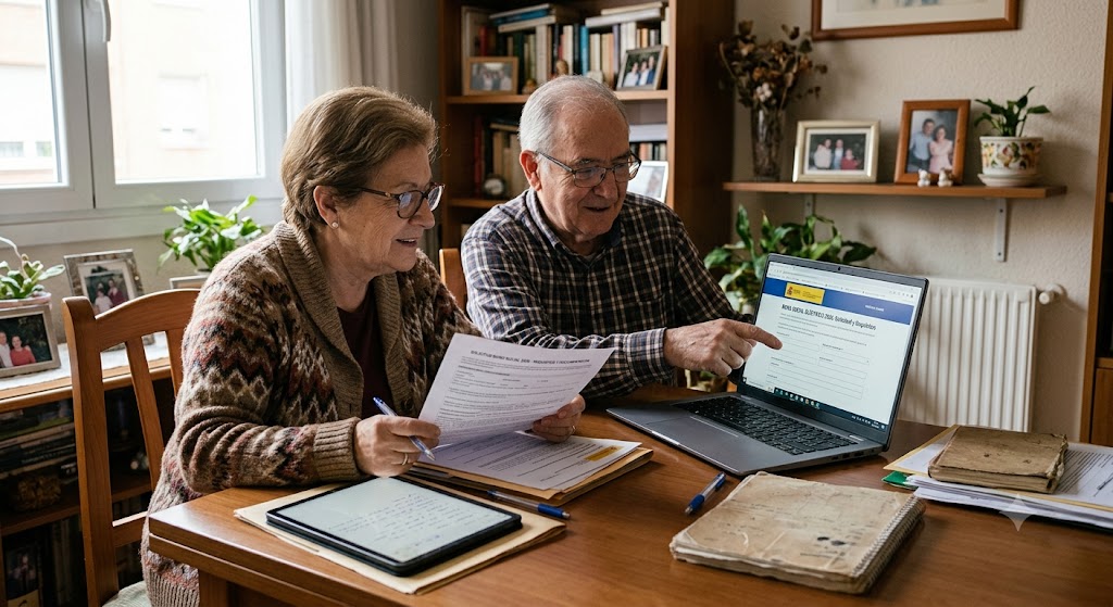 Pareja mayor revisando la solicitud del bono social eléctrico 2026 en el portátil, con la documentación sobre la mesa.