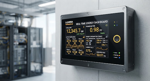 Panel de monitorización energética: potencia, consumo y tendencias en tiempo real.