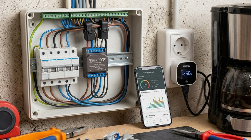 Medidor de cuadro con pinzas amperimétricas, app de consumo y enchufe inteligente midiendo un electrodoméstico en tiempo real.